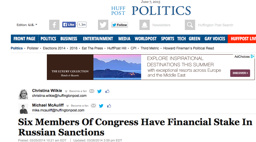 הפינגטון פוסט: שיימינג אמריקאי לחברי קונגרס שהחזיקו מניות של חברות רוסיות 